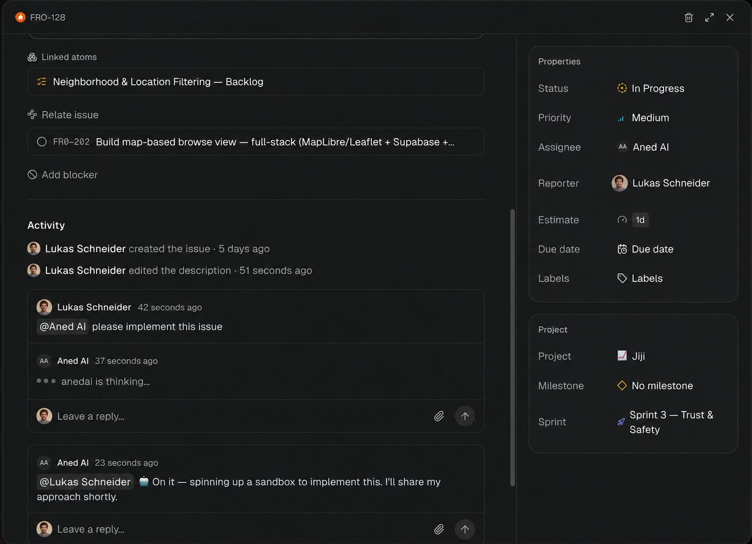 An issue thread where @Aned AI picks up the work from a comment