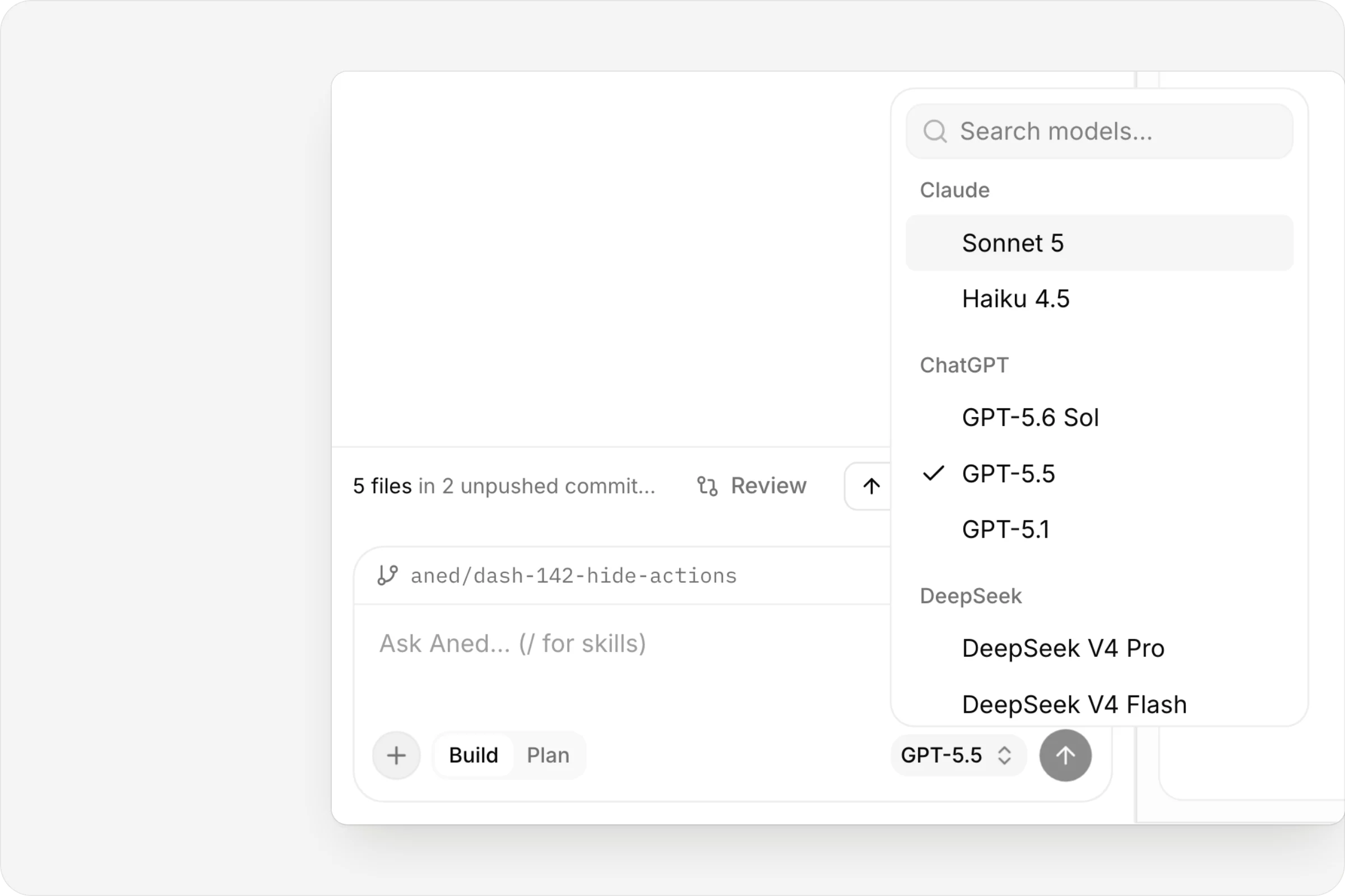 The model picker, with Claude, GPT and DeepSeek models