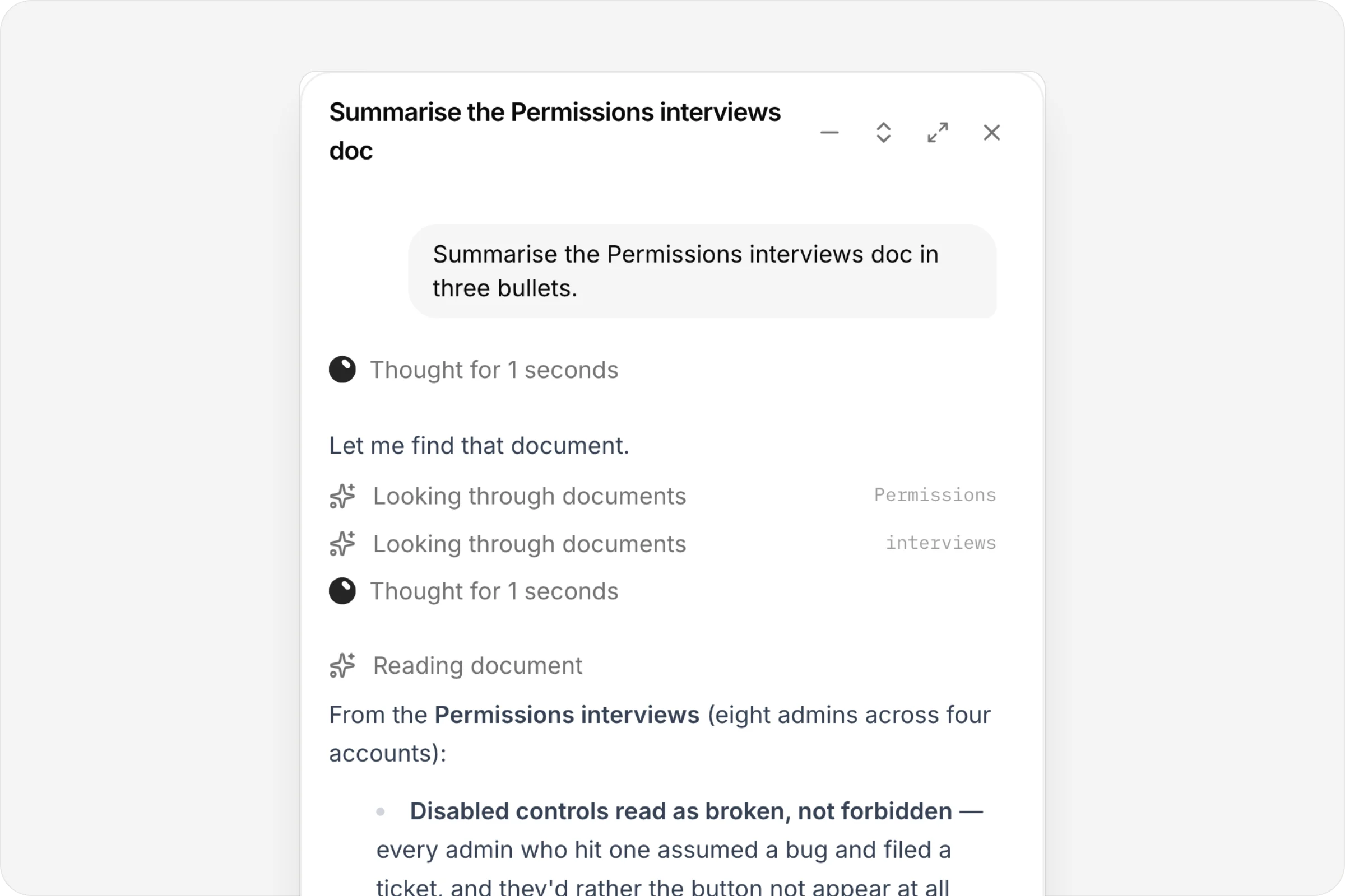The anedai chat summarising a document in three bullets