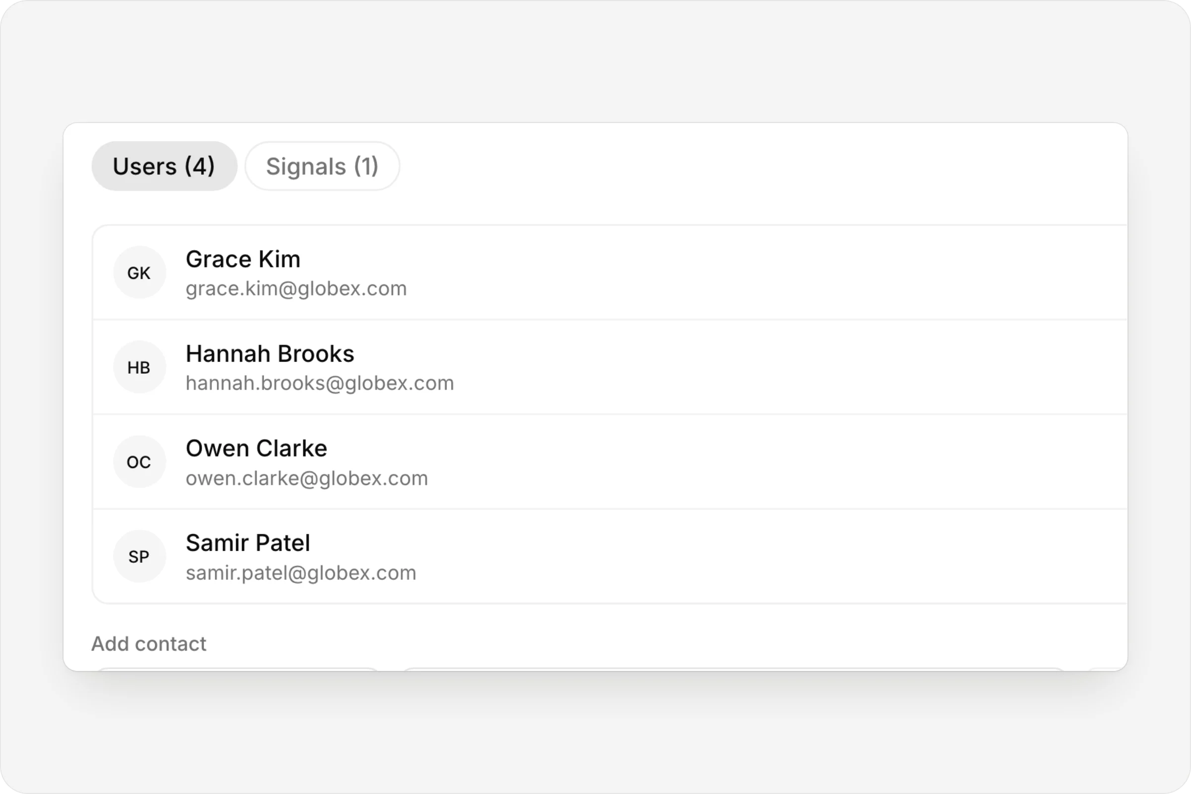 An account's contacts, with the form to add one