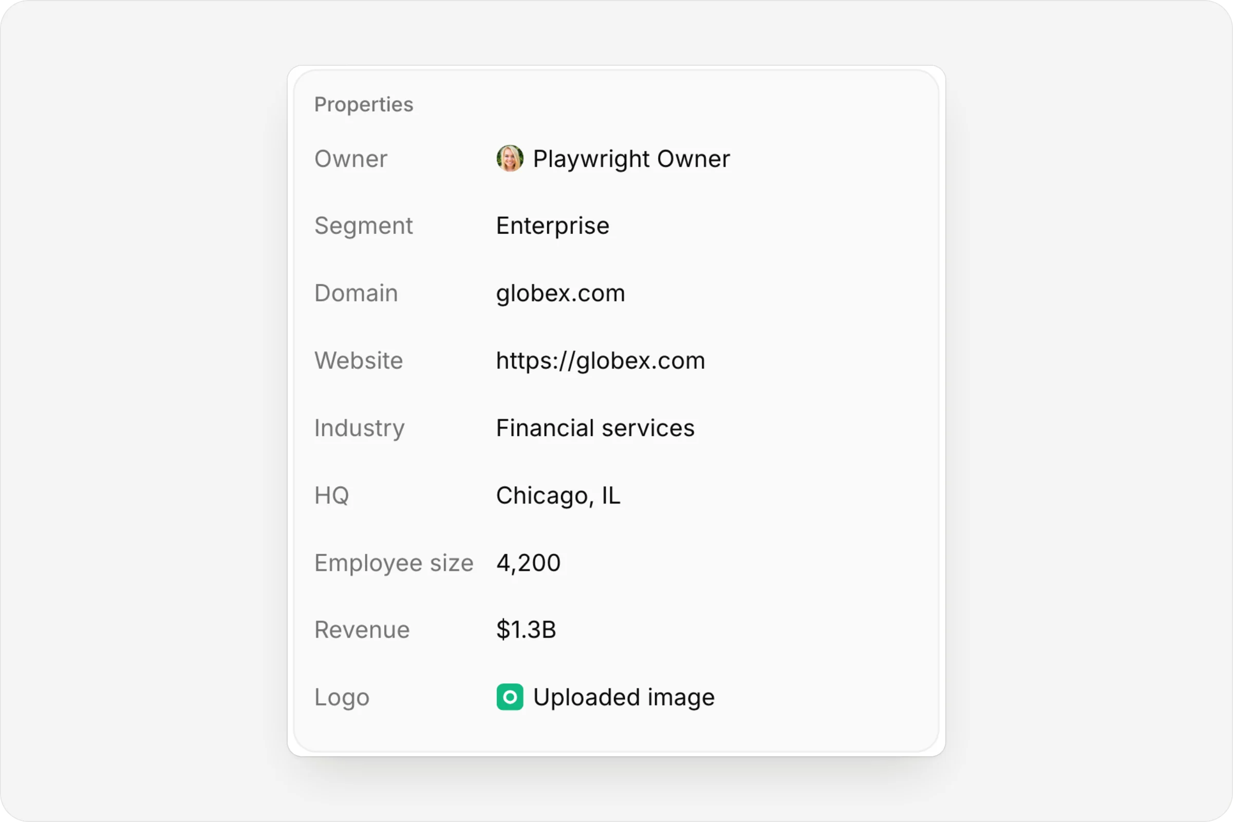 An account's properties: owner, segment, domain, industry, HQ, headcount and revenue