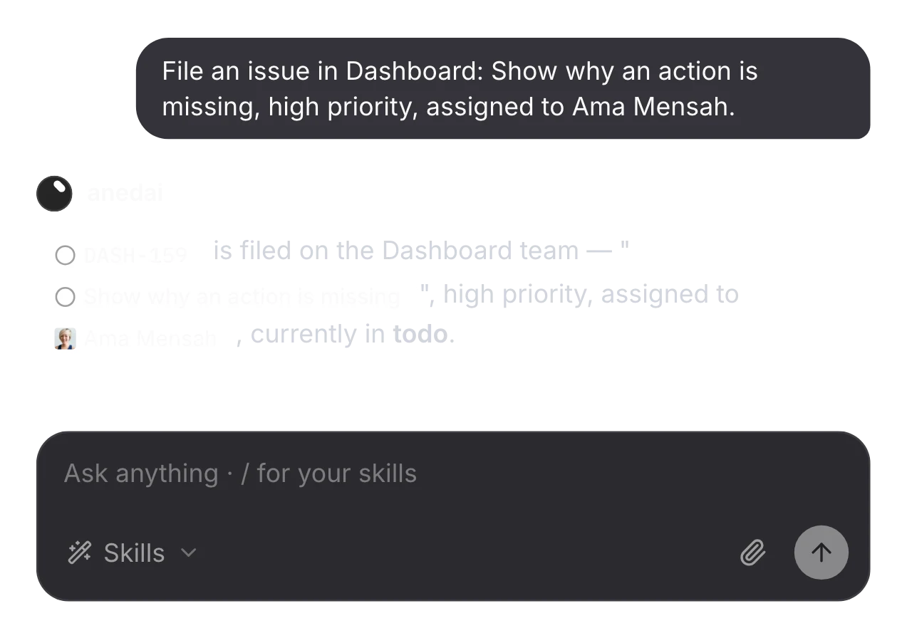 DASH-159 “Show why an action is missing” filed on the Dashboard team, high priority, assigned to Ama Mensah