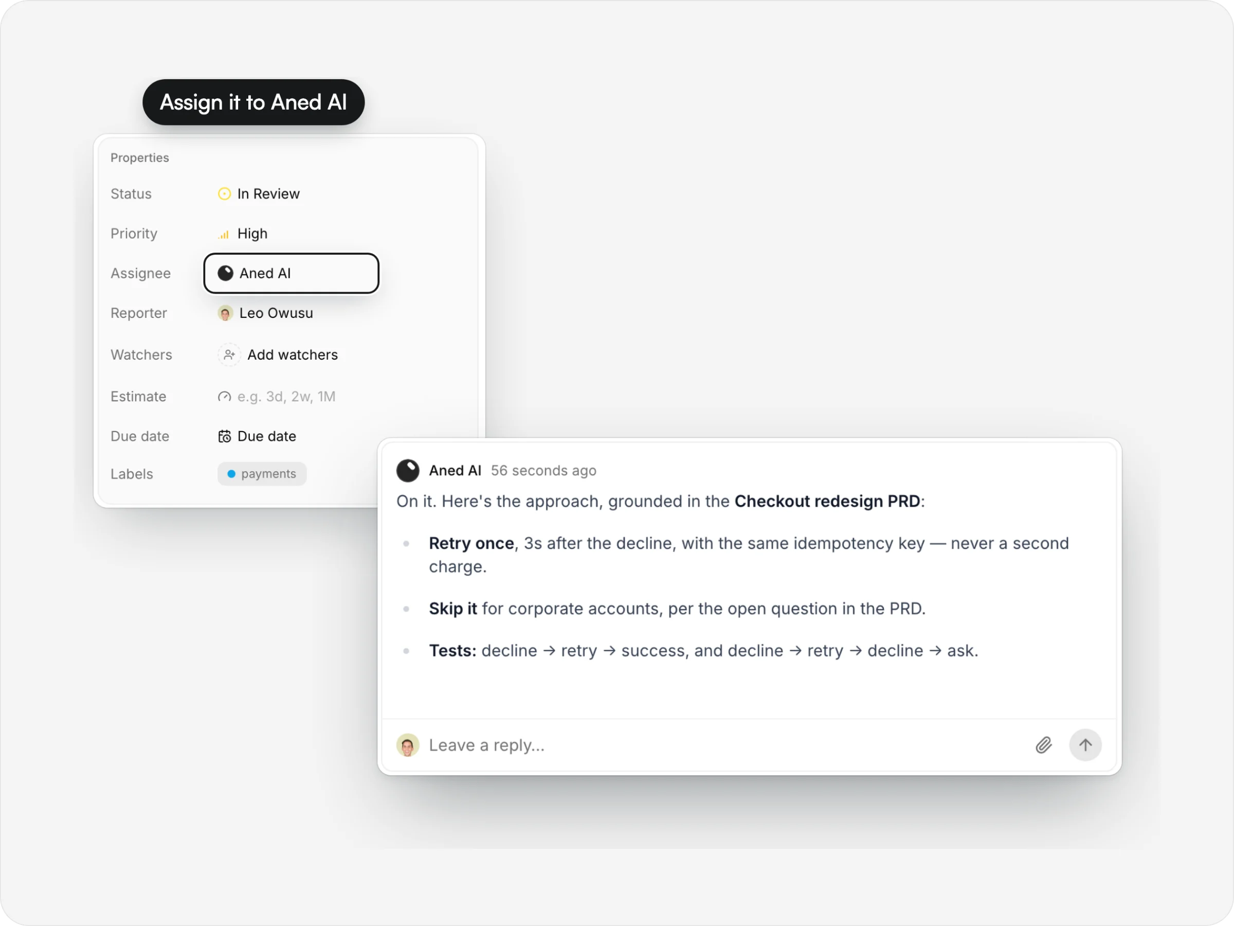 An issue assigned to Aned AI, and the approach it posted, grounded in the Checkout redesign PRD