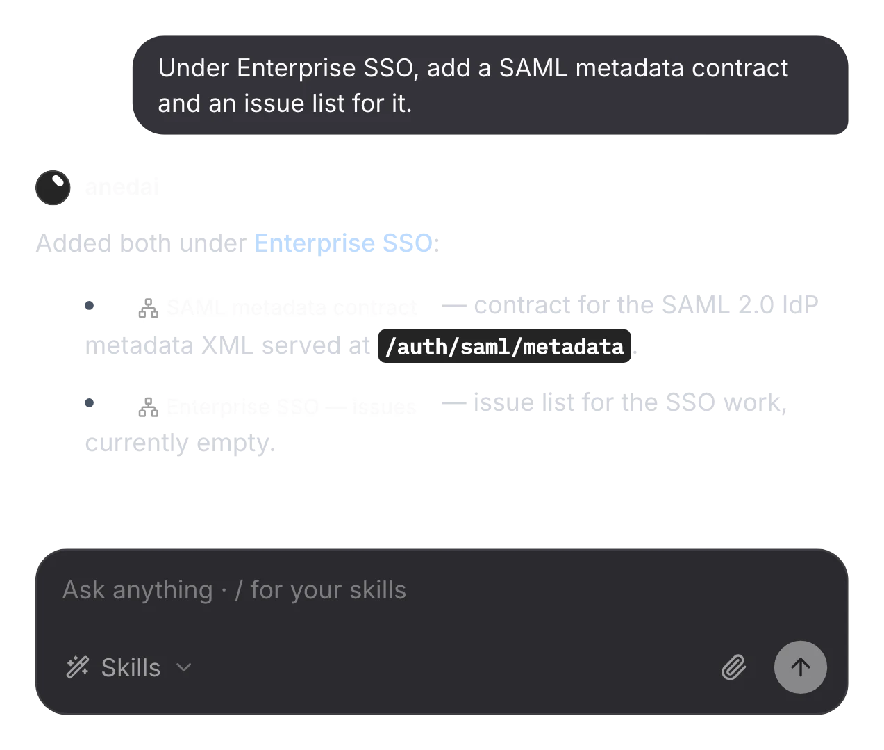 A SAML metadata contract and an Enterprise SSO issue list added under Enterprise SSO