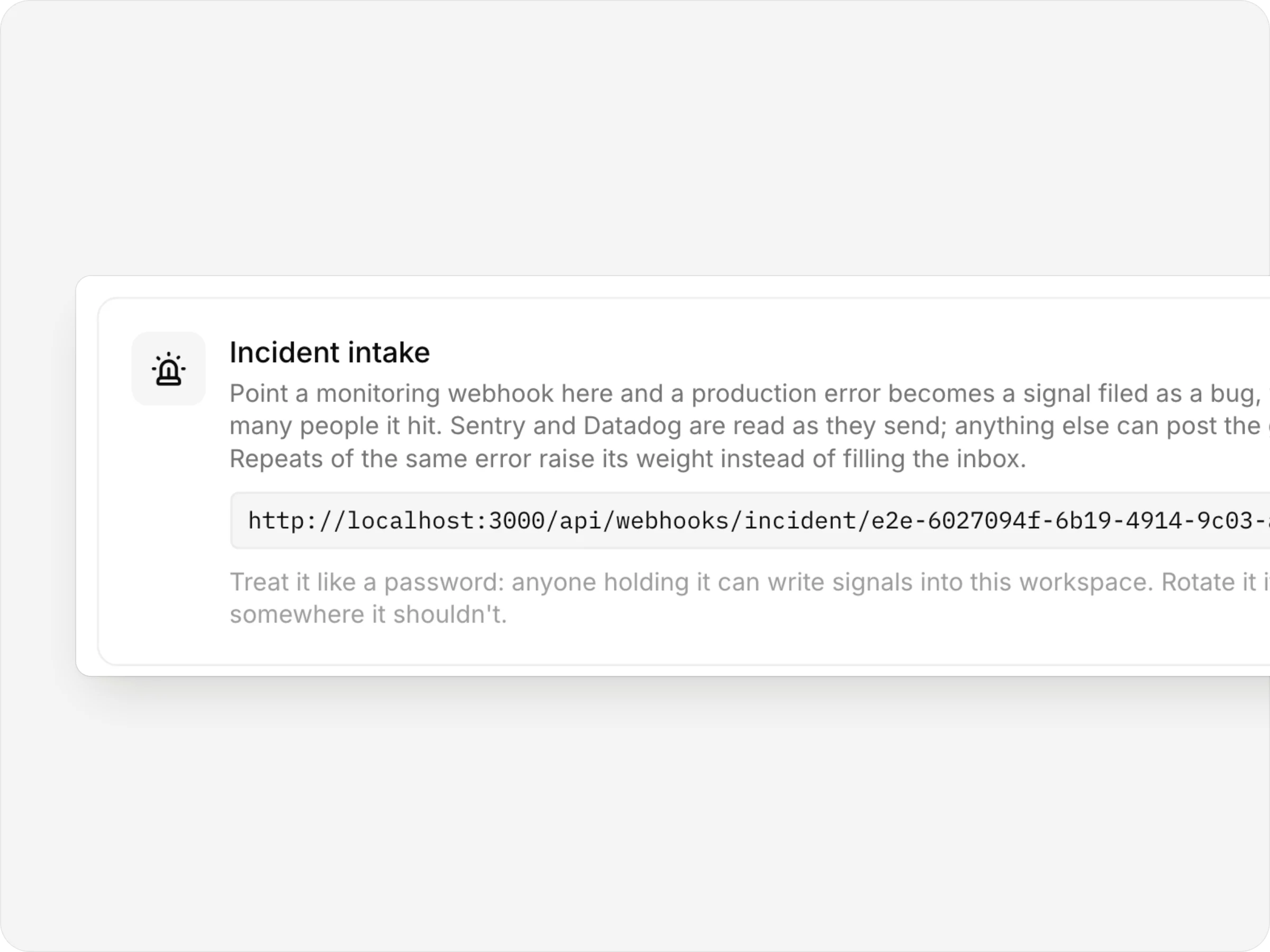 The Incident intake card in Settings → Integrations, with the webhook URL to copy