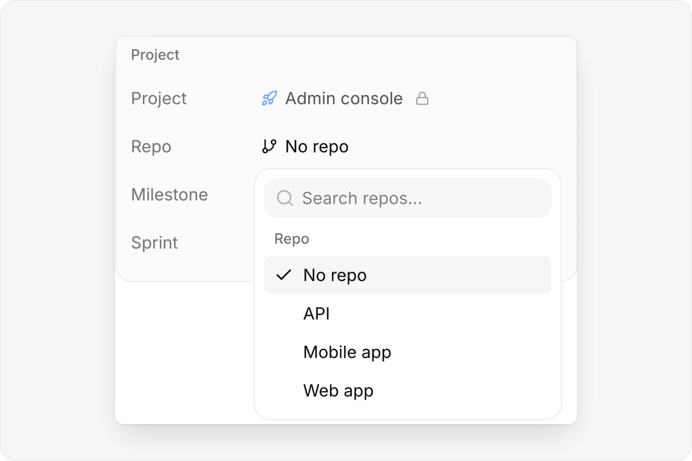 An issue's Repo picker open, listing the team's repos