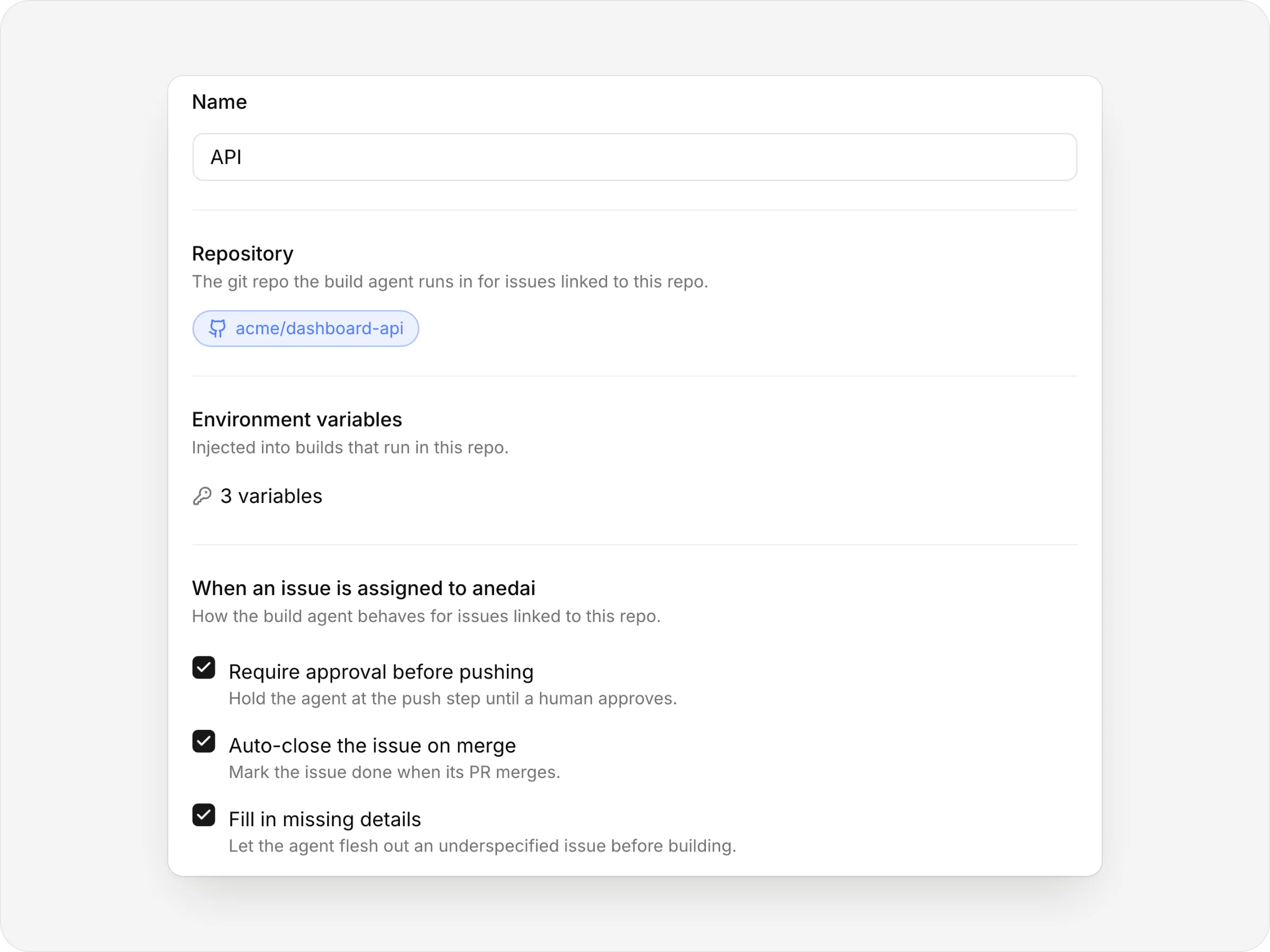 A repo's settings: the repository, environment variables and Require approval before pushing