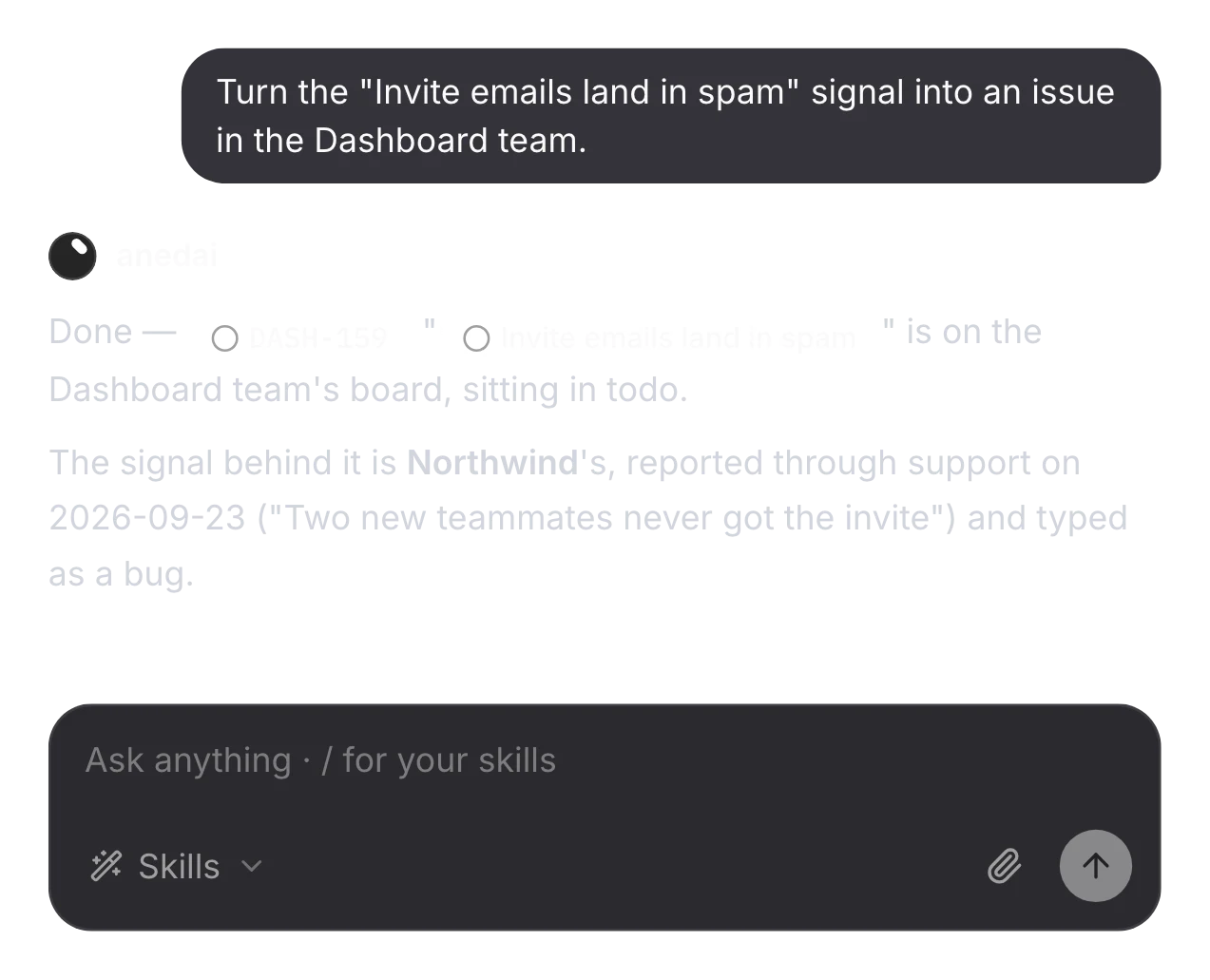 “Invite emails land in spam” turned into DASH-159 on the Dashboard board, with Northwind's report behind it