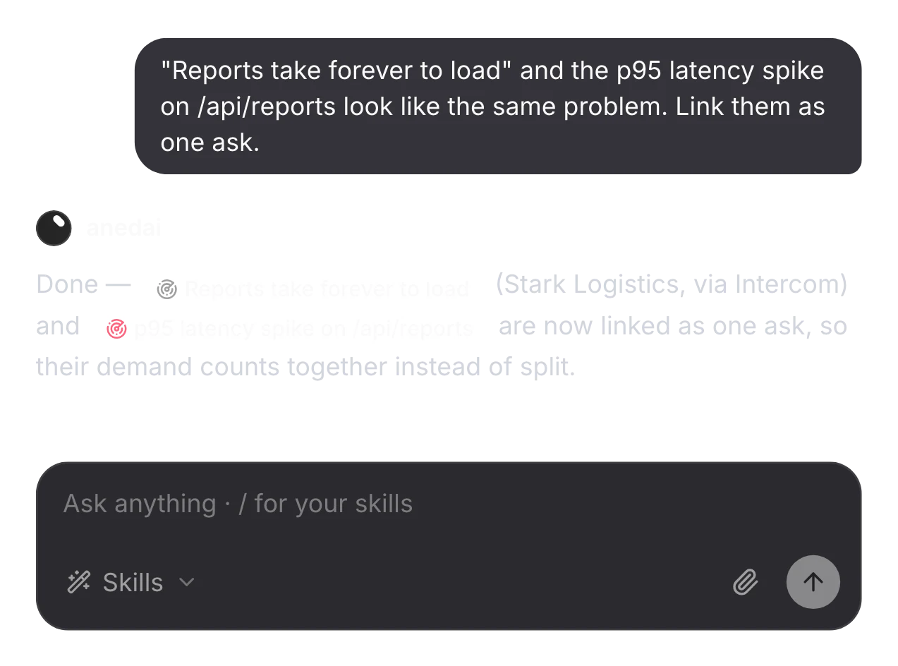 Stark Logistics' “Reports take forever to load” and the p95 latency spike on /api/reports linked as one ask