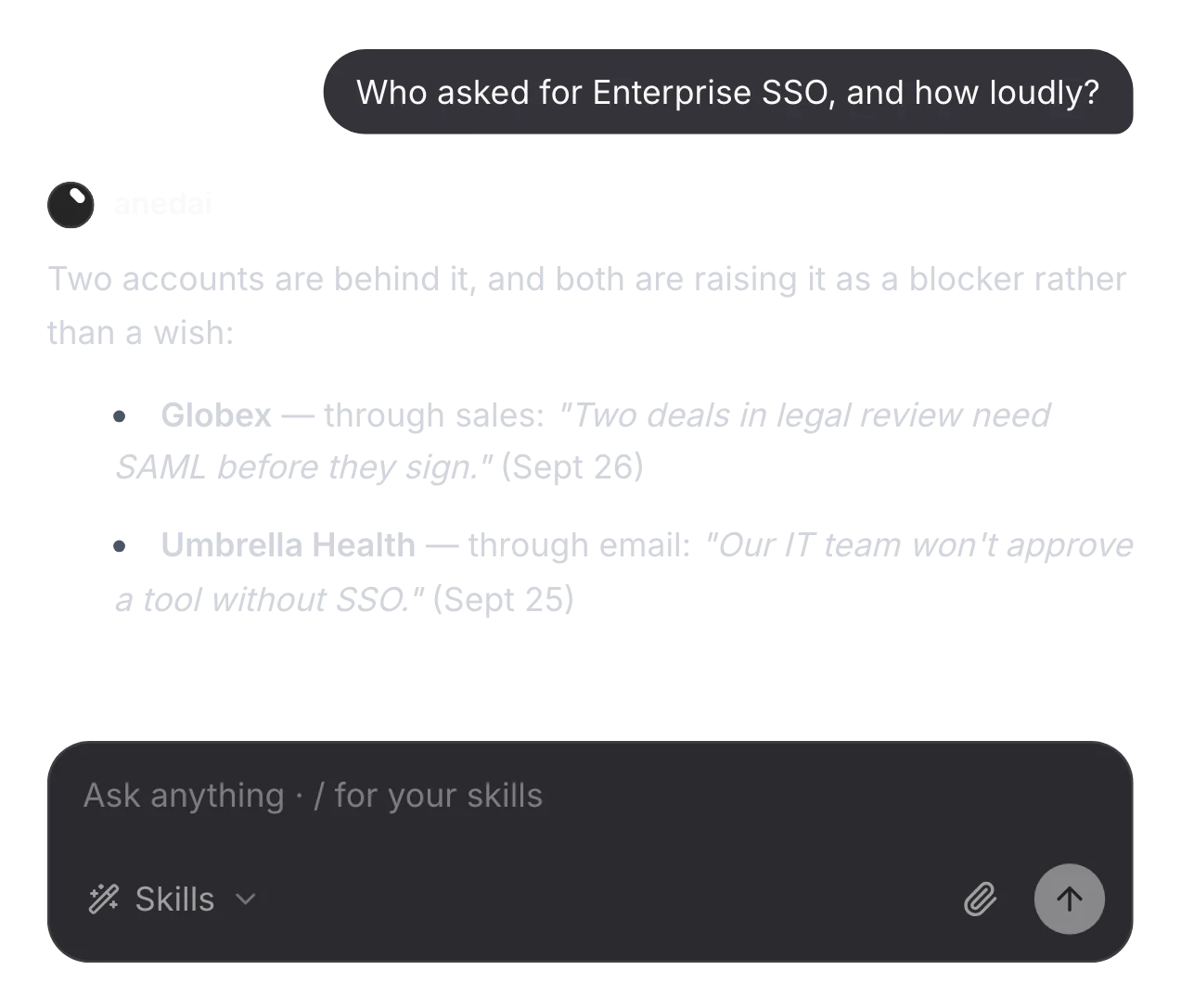 “Who asked for Enterprise SSO, and how loudly?”, answered: Globex through sales and Umbrella Health through email, both raising it as a blocker