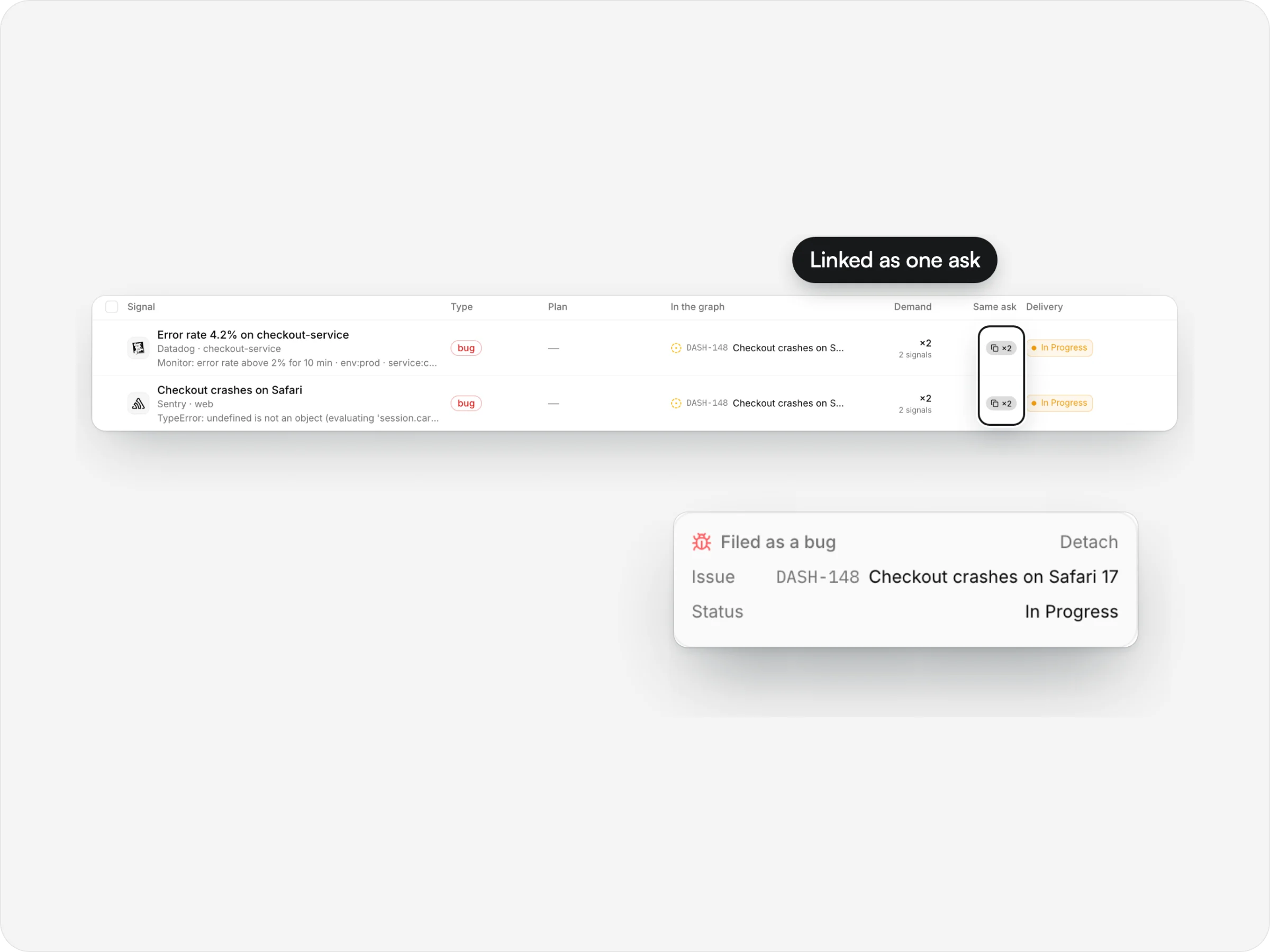 A Datadog error and a Sentry crash linked as one ask, filed as the bug DASH-148 Checkout crashes on Safari 17