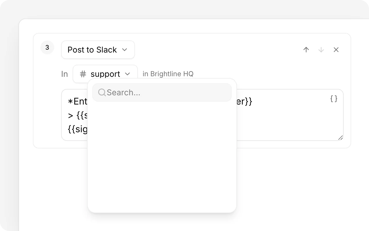 The Post to Slack step with its channel list open: support, payments, product-feedback, releases, and a private channel