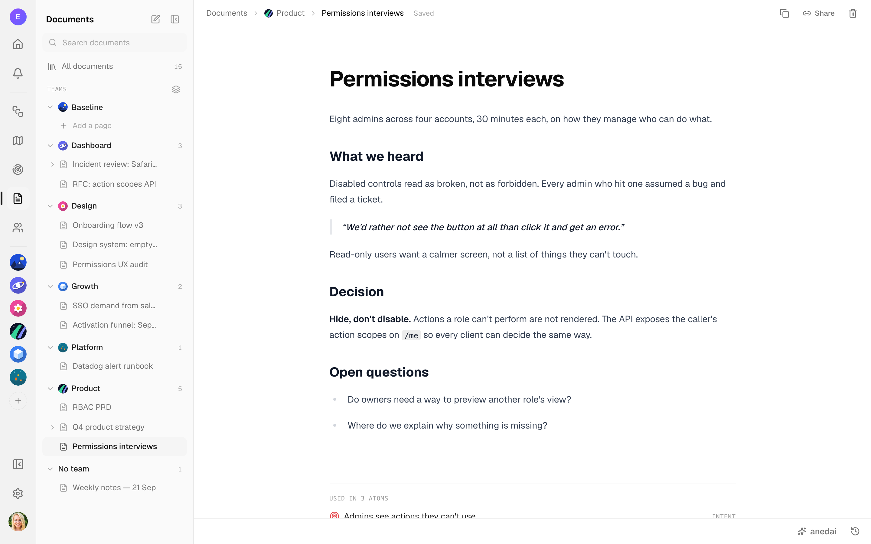 A research doc in the Documents view, with what was heard, the decision and open questions