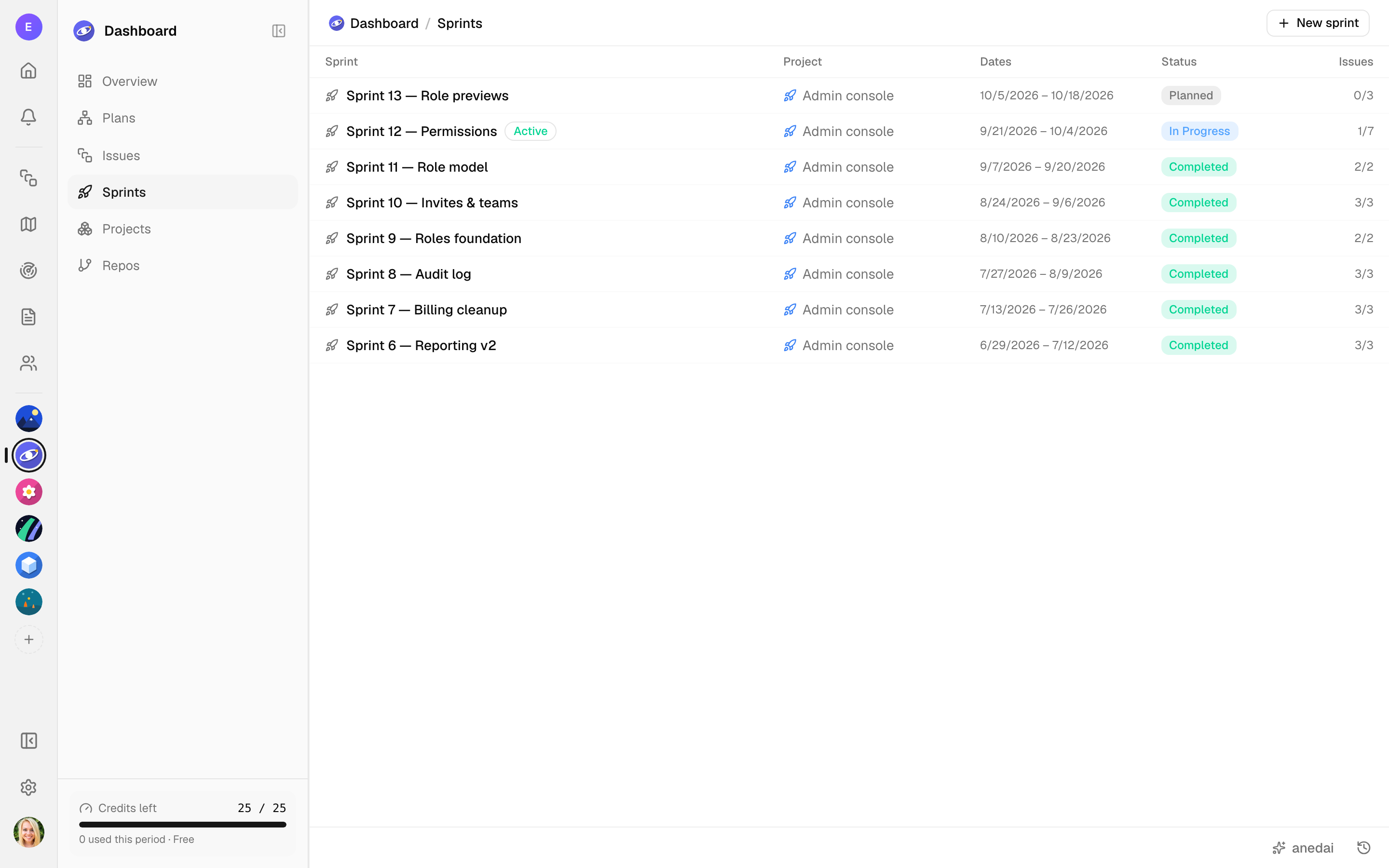 The Sprints view: each sprint with its project, dates, status and issue count