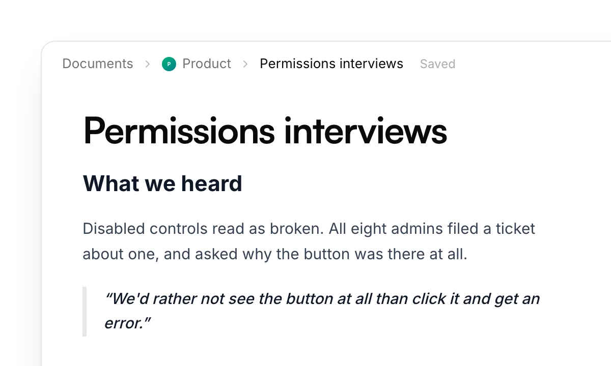 A research doc in AnedAI, "Permissions interviews", with one finding highlighted and turned into a decision: Hide, don't disable.