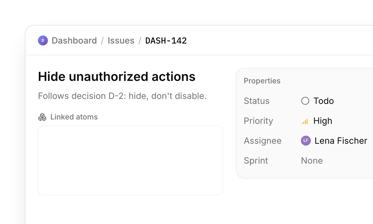 Issue DASH-142, "Hide unauthorized actions", linked to the intent, capability and contract behind it, moving to In Progress in Sprint 12.