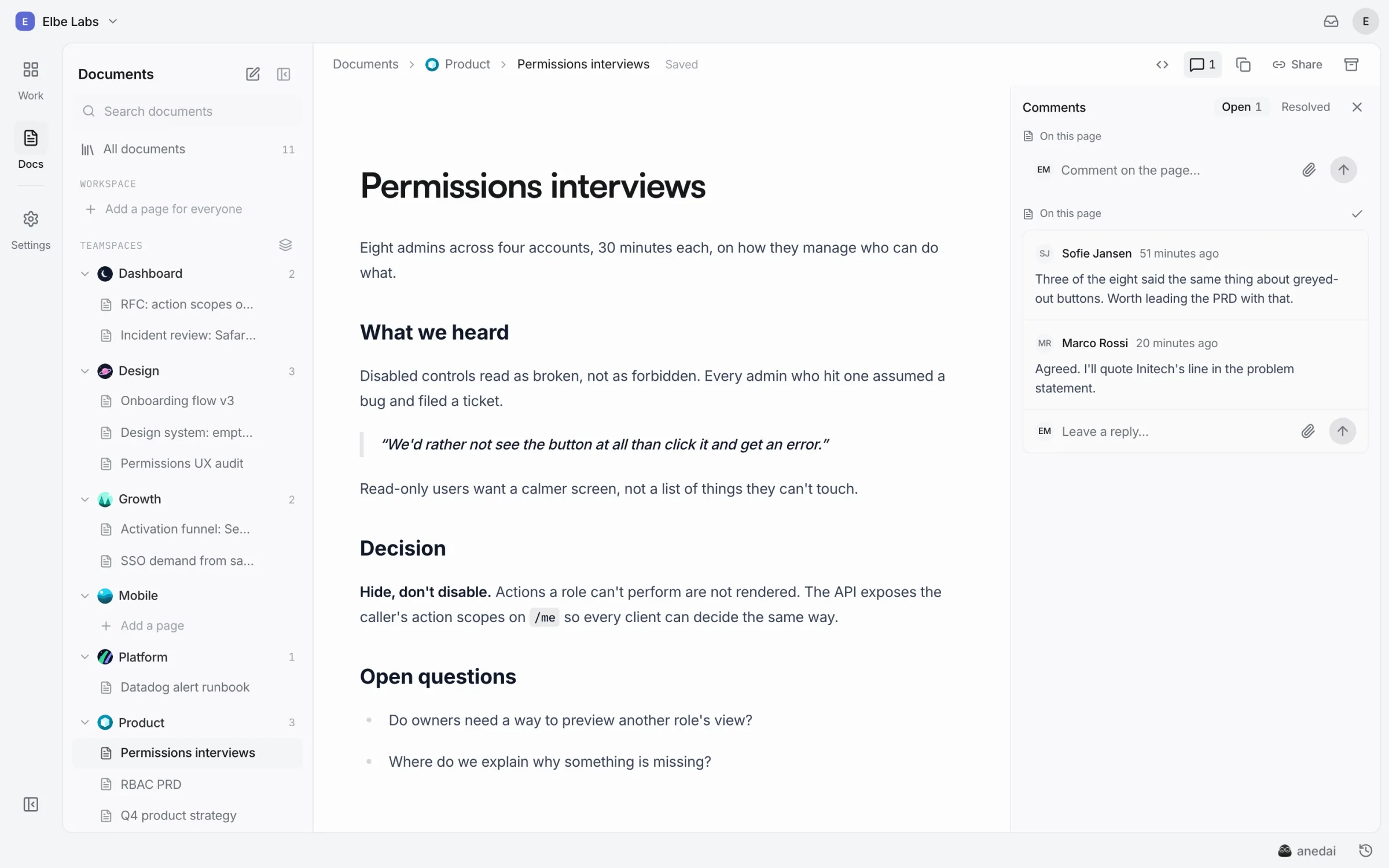 A research doc in the Documents view, with what was heard, the decision and open questions